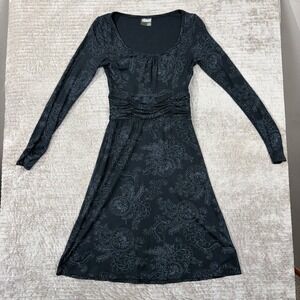 Athleta‎ Womens XS Black Floral Ruched Empire Waist Long Sleeve A-Line Dress